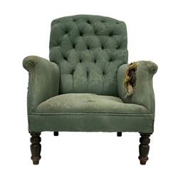 Edwardian oak framed armchair, upholstered in buttoned pale teal fabric with sprung seat