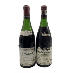 Bottle of La Tache Domaine de la Romanee Conti 1975 75cl, mid to low shoulder and a bottle of Romanee St Vivant 1975 Marey Monge 75cl, mid shoulder
