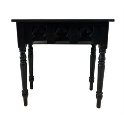 Late 19th century ebonised wood side table, rectangular top over frieze decorated with cusped arches, on turned supports