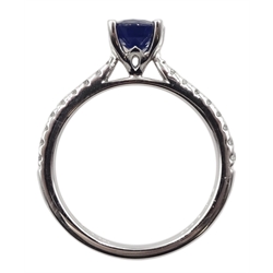 18ct white gold oval sapphire ring, with diamond set shoulders hallmarked, sapphire approx 1.35 carat
