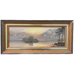 G T Miller (Scottish 19th/20th century): 'Sunrise Loch Monteith', oil on panel, signed and dated 1986 verso 12cm x 34cm