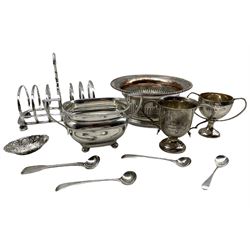 Silver two handled sugar bowl on ball feet London 1940 Maker Barraclough & Son, two small silver challenge cups, various silver condiment spoons, small silver sweetmeat dish, plated coaster, toast rack etc.  Weighable silver 11.8oz