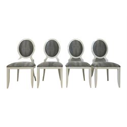 Set eight (6+2) white framed dining chairs, the oval cameo back and seat upholstered in a silver and black snake skin patterned fabric, on tapered supports