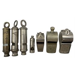 Seven whistles including Metropolitan by Hudson & Co., Acme City, reproduction Titanic Acme Thunderer and four others (7)