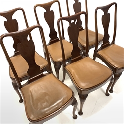 Set six queen Anne style mahogany dining chairs, with trophy shaped splats, drop in upholstered seat pads, raised on shell carved cabriole supports, W50cm