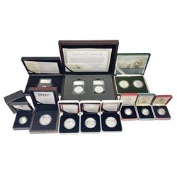 Commemorative coins and medallions including The Royal Mint United Kingdom 2005 '200th Anniversary Trafalgar' silver proof piedfort two coin set, 2020 'The Brexit Silver 1oz Commemorative', three St Helena one ounce fine silver coins from 'The Queen's Virtues' collection produced for 'The East India Company London, four United Kingdom silver proof one pound coins etc, mostly cased with certificates