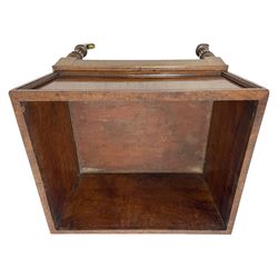 Possibly Gillows - George III mahogany wine cooler, tapering rectangular form with figured front and applied mouldings, the base with moulded upper edge on turned and reed carved supports, brass castors, with metal interior lining