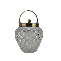 Hobnail cut glass biscuit barrel with silver collar, lid and swing handle H15cm Birmingham 1925 