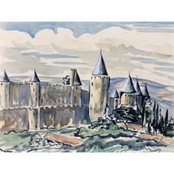 Gereth Spriggs (British 20th century): 'Gate of Villa Celimontana - Rome' , and 'Carcasonne - France', two watercolours signed, titled verso max 39cm x 28cm (2)