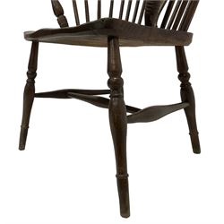 19th century elm and ash Windsor chair, high stick back with pierced wheel beech splat, raised on turned supports united by H-stretcher