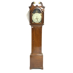  19th century oak longcase clock, white enamel dial with Arabic chapter ring, date aperture and subsidiary seconds hand, the hood with swan neck pediment and dentil work over plain arched trunk door, raised on shaped bracket feet, 30 hour movement no weight or pendulum, H210cm  