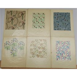 EM Ball (British mid 20th century): Six original fabric/wallpaper designs: 'Grasshoppers', 'Blackbirds', 'Harebells', 'Wild Flowers & Grass', 'Tansy' and 'Mimosa', gouaches on paper titled in pencil, signed verso, each 22cm x 22cm (6) (unframed)