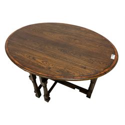 17th century design oak drop-leaf coffee table, oval top with yew wood banding and ebony stringing, fitted with two drawers, on double gate-leg action with turned supports united by stretchers