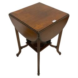 Edwardian walnut occasional table, four drop leaves, on moulded supports joined by galleried under-tier