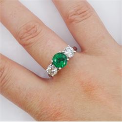 18ct white gold three stone emerald and round brilliant cut diamond ring, hallmarked, total diamond weight approx 1.30 carat, emerald approx 1.35 carat