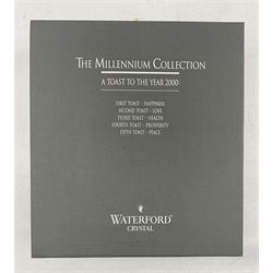 Six Waterford Millennium Collection pairs of flutes comprising two sets of Health, Love, two sets of Happiness and Prosperity, all boxed