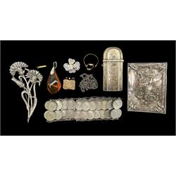Gold ring frame, vesta case, floral brooch, coin bracelet and other items