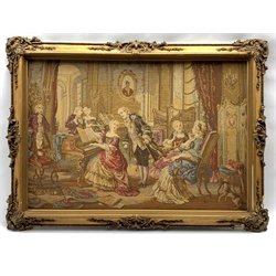 Pair of tapestries, machine woven depicting 18th century scenes, mounted in decorated gilt frames, 108cm x 81cm 