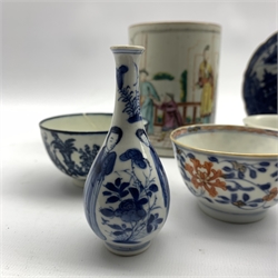 18th century Chinese Export porcelain tankard painted in polychrome enamels with figures, Chinese porcelain tea bowls, miniature vase painted with Long Eliza, Chinese Export blue and white bowl, Salopian tea bowls and saucer etc 