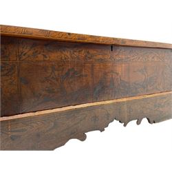 16th/17th century  Portuguese cedarwood Cassone, boarded six plank construction with visible finger joints, decorated with mythical zoomorphic beasts and trailing foliage, on plinth base with open fretwork apron