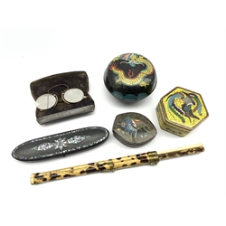 Oriental cloisonne hexagonal yellow ground box and cover, two other cloisonne boxes, bone chopsticks in simulated tortoiseshell case, spectacles in a papier mache case and pair of gilt frame pince nez in metal case