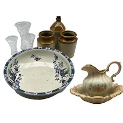 Stantons of Bolton flagon with stopper, two stoneware jars, pair of glass vases together with Furnivals washbowl with paradise bird motif (6)