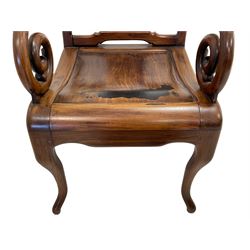 Chinese hardwood open armchair, the shaped cresting rail over shaped splat carved with foliate and birds and inset with rose quartz coloured marble panel, scrolling arm terminals and curved panelled seats, the supports joined by a series of vertical stretchers