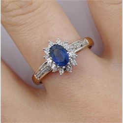 9ct gold oval sapphire and diamond cluster ring, with diamond set shoulders, hallmarked