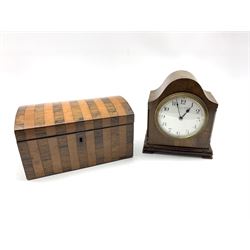 Walnut cased Mappin & Webb mantle clock, together with a 19th century rosewood and mahogany banded two division tea caddy, L20cm (2)