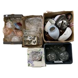 Quantity of glassware, vintage enamel kitchenalia, drinking glasses etc in five boxes