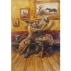 Mick Cawston (British 1959-): Raising a Glass - Humorous portrait of an anthropomorphic fox in a tavern, oil on board signed and dated '02, 50cm x 35cm 

DDS - Artist's resale rights may apply to this lot