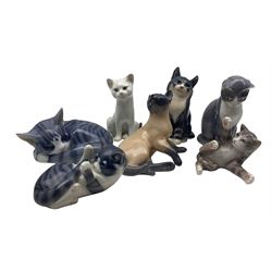 Collection of Royal Copenhagen cat figures including no.422, no.2862, no.1803, no.302, together with two B&G no.2505 and no.1876