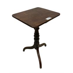 Victorian mahogany tripod table, rectangular top on turned column, three out-splayed supports (44cm x 37cm, H73cm); small bamboo bench (W89cm, H31cm) (2)
