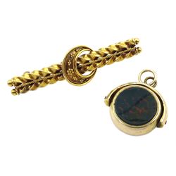 Early 20th century gold crescent brooch, stamped 15ct and a gold bloodstone swivel fob