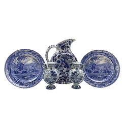 Pair of early 19th century Spode transfer printed Indian Sporting series plates printed with 'Death of the Bear' D25cm, pair of Delft ewers and a Victorian blue and white jug 