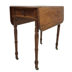 19th century mahogany Pembroke table of small proportions , the rectangular top over one frieze drawer and one faux drawer, raised on turned supports terminating in castors W70cm