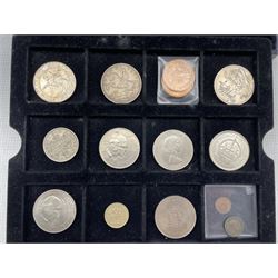 Great British and World coins, including Queen Victoria 1883 one shilling, King George V 1935 crown, 1923 and 1929 halfcrowns, 1932 and 1936 florins, King George VI 1942 two shillings, eight Queen Elizabeth II bi-metallic two pound coins, King George V India 1920 one rupee, King George VI Australia 1937 crown, Belgium 1870 five francs etc