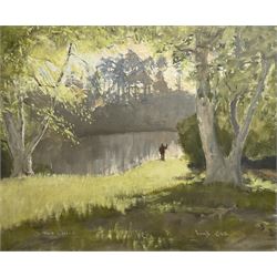 David Cobb (British 1921-2014): 'Two Lakes' - Man Fishing, oil on canvas signed and titled 52cm x 58cm