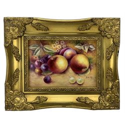 Porcelain plaque painted with fruit, flowers and leaves by the Royal Worcester artist Bryan Cox 11cm x 16cm in a gilt frame 