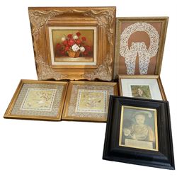 Still life of flowers in gilt frame, indistinctly signed together with a pair of silk embroidery scenes and a selection of prints, in one box (6)