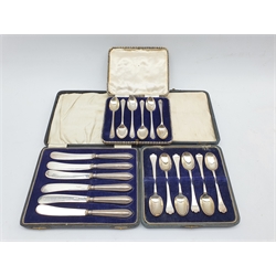 Set of six silver trefid end coffee spoons with rat tail bowls Sheffield 1921 Maker Henry Williamson, set of six silver tea spoons with golf club finials and six silver handled pastry knives