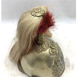 Victorian South Salopian Yeomanry helmet, pattern 1871, silver-plated skull with embossed laurel wreath headband, white metal hobnail star inscribed South Salopian Yeomanry, rosettes for chin-chain and white over red horsehair plume and brown leather liner and tie string, H37cm