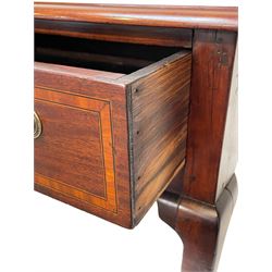 18th century and later inlaid mahogany and fruitwood lowboy, the moulded rectangular top with satinwood band, shaped frieze fitted with single drawer, on cabriole supports with angular feet