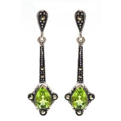 Pair of silver peridot and marcasite pendant stud earrings, stamped 925