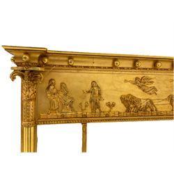19th century gilt framed overmantle mirror, the projecting cavetto cornice decorated with large beads and repeating fish motifs, the relief frieze depicting a celebratory Roman procession scene with the goddess Magna Mater pulled in her chariot by Lions, the triple bevelled mirror plates flanked by ornate reeded columns with corinthian capitals