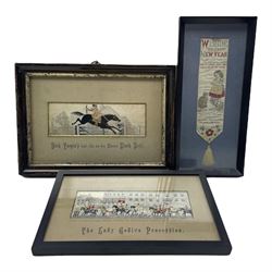 Victorian woven silk Stevengraph 'Dick Turpin's last Ride' with the Stevengraph advertisement on the reverse, another 'Lady Godiva Procession' and a child's silk book mark 'Wishing you a Happy New Year', all framed