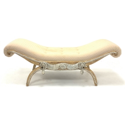  Painted hardwood window seat of classical design, upholstered in cream patterned fabric, decorated with carved shells, tassels and linen folds, W175cm  