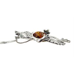 Silver amber Prince frog pendant necklace, stamped 925