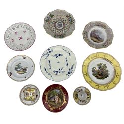 Group of late 18th and 19th century porcelain, including Chantilly Sprig pattern dish, D24cm, Dresden floral painted cake stand, H9cm, Berlin dish painted with peacocks within a yellow border, second quality pierced Meissen dish, Meissen cabinet cup and saucer, etc