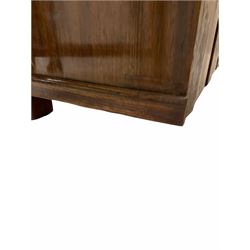 Continental walnut side cabinet, fitted with one drawer over two cupboard doors, raised on block supports (W75cm) together with a pair of Continental walnut high back dining chairs, with drop in seat pads raised on paw carved front supports (W49cm)